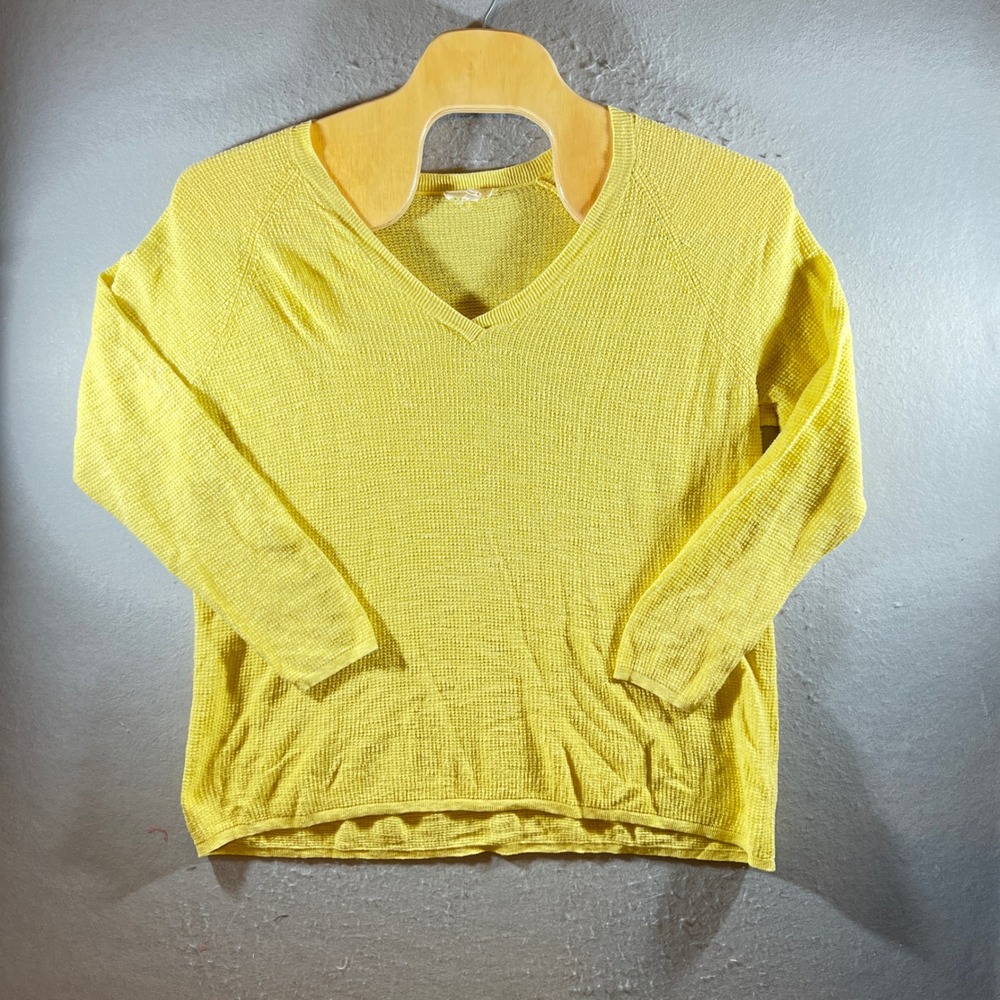 1195 | Eileen Fisher Woman Organic Linen Cotton V-Neck Knit Sweater Yellow 3X